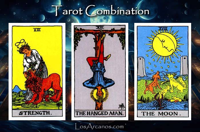 Combination STRENGTH, THE HANGED MAN and THE MOON