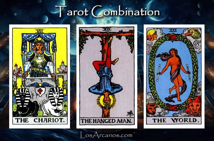 Combination THE CHARIOT, THE HANGED MAN and THE WORLD