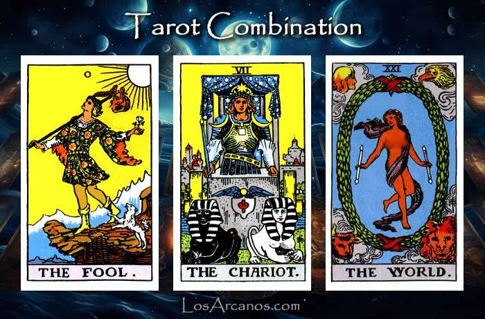 Combination THE FOOL, THE CHARIOT and THE WORLD