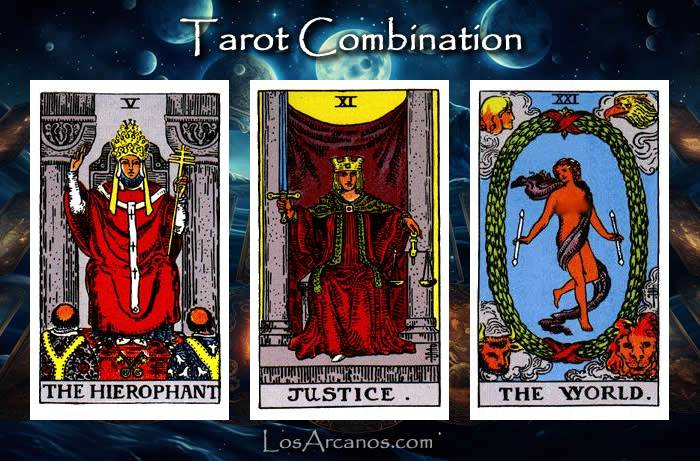 Combination THE HIEROPHANT, JUSTICE and THE WORLD