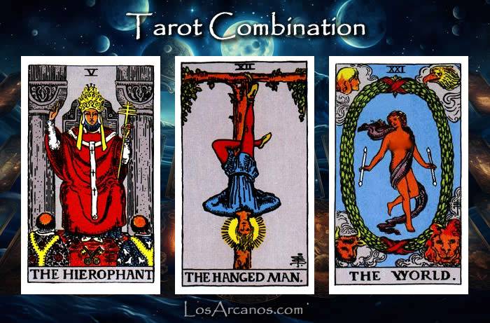 Combination THE HIEROPHANT, THE HANGED MAN and THE WORLD