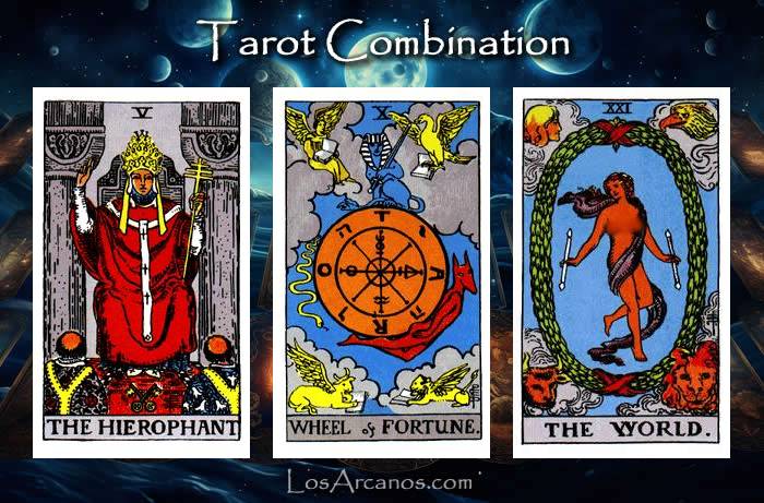 Combination THE HIEROPHANT, WHEEL OF FORTUNE and THE WORLD