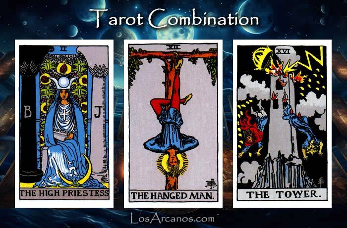 Combination THE HIGH PRIESTESS, THE HANGED MAN and THE TOWER